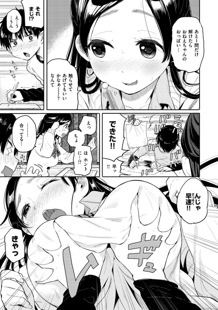【エロ漫画】隣に住む年下の男の子をセックスがしたいがため誘惑する巨乳のJK…母性本能をくすぐられ乳首舐めやパイズリフェラでいちゃラブセックスしちゃう【ぴかお：教えて！！ねーちゃん！】 3ページ